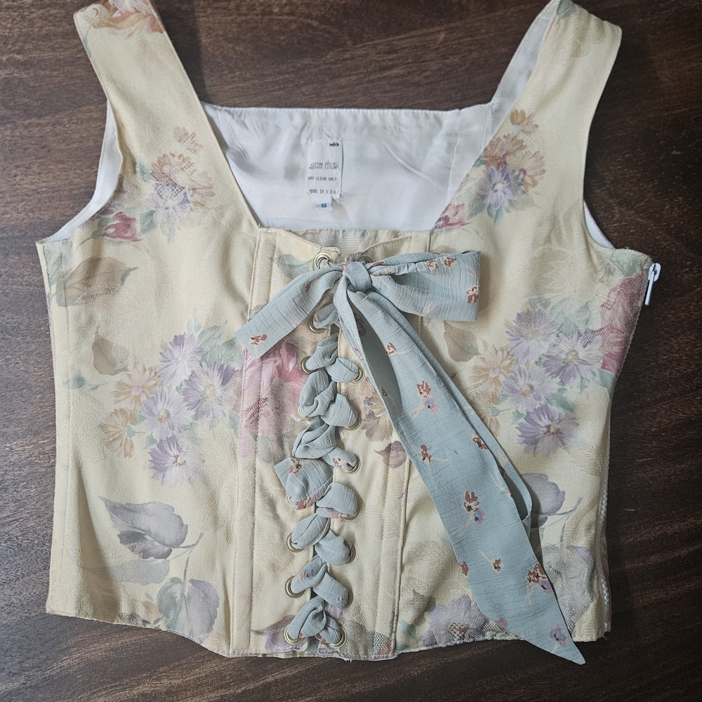 Vtg 90s Floral Tapestry Lace Up Corset Top S/M Made in USA